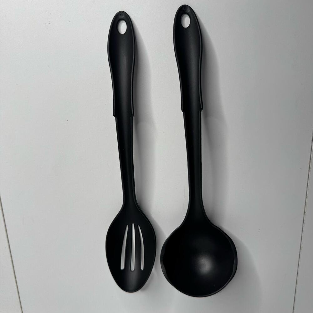 Set of 2 Utensils Black Plastic Slotted Serving Spoons, Heat Resistant USA